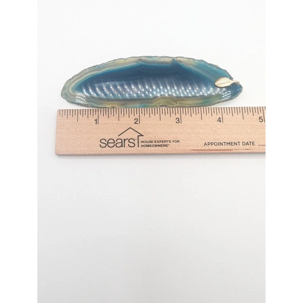Vintage Blue Agate Slice Hair Clip Barrette Gold Leaf Accent Teal Geode Stone